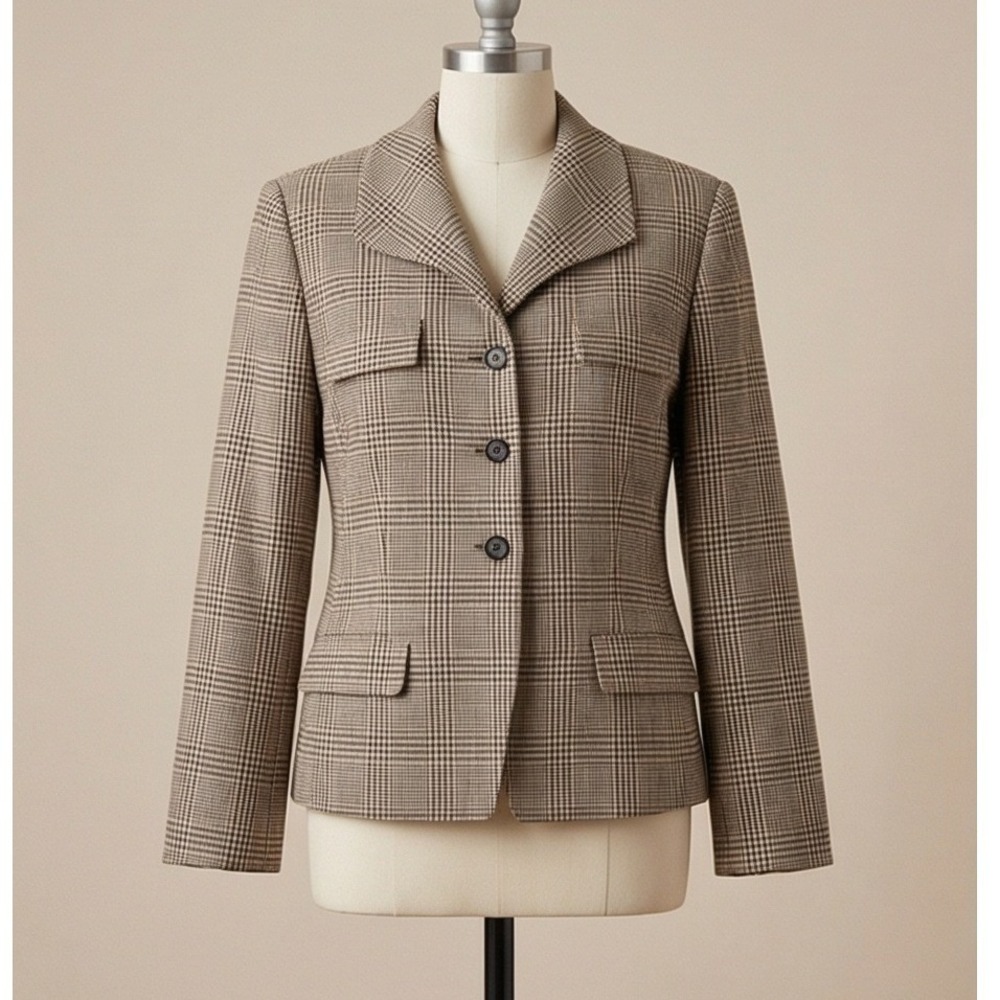 Ann Taylor 14P LOFT Plaid Blazer Career Wear Jacket 14P Lined Brown Wool